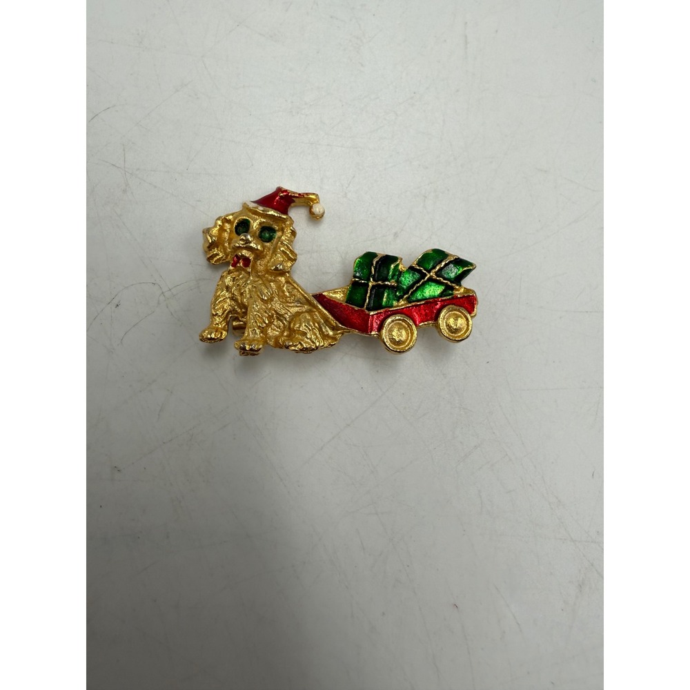 Christmas Dog Santa Hat Wagon Gifts Brooch Gold Tone‎ Enamel Holiday Pin